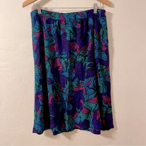 Sag Harbor Vintage Skirt w/Pocket, Teal Purple Pink Leaf print, Sz M
